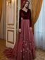 Burgundy Velvet Top V-neck A-line Floral Train Long Prom Dress, PD3210