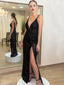Sexy Black Shiny V-neck Spaghetti Strap Open Back Side-slit Long Prom Dress, PD3216