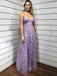Dusty Violet Spaghetti Straps V-neck A-line Long Floral Prom Dress, PD3253