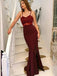 Burgundy Spaghetti Straps Sweetheart Lace Top Mermaid Side-slit Long Prom Dress, PD3273