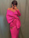 Off-shoulder Fuschia Bow Tie Long Sleeves Mermaid Tea-length Prom Dress, PD3327