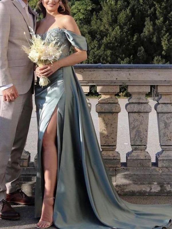 Sexy Gray Off-shoulder Lace Top Side-slit Mermaid Long Prom Dress, PD3353