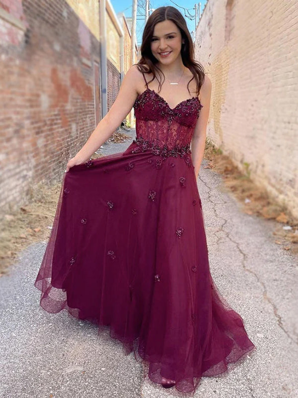 Wine Sexy Spaghetti Straps V-neck Lace Top A-line Appliques Long Prom Dress, PD3436