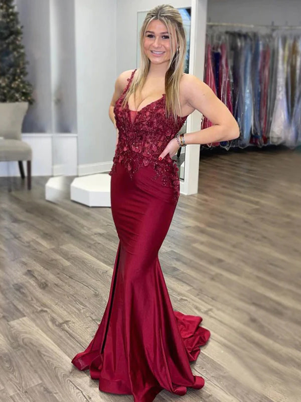 Sexy Dark Red Spaghetti Straps V-neck Lace Top Mermaid Long Prom Dress, PD3487