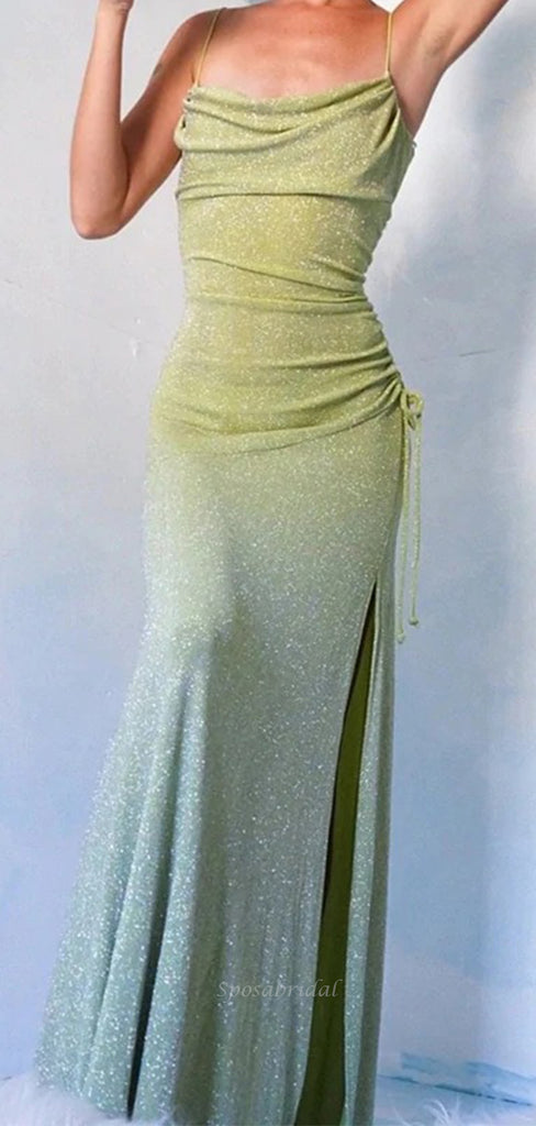 Lime Green Spaghetti Straps Pleats Sparkly Stretchy Size-slit Long Mermaid Prom Dress, PD3517