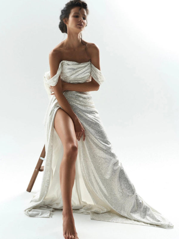 Elegant Sparkly Off-shoulder White Side Slit Sheath Long Prom Dress, PD3568