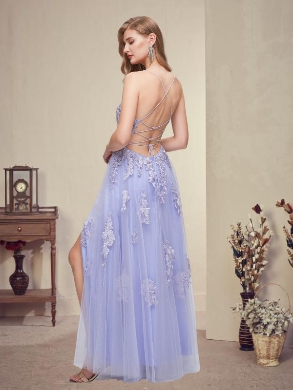 Lavender Spaghetti Straps Open Back Criss Cross Side-slit A-line Prom Dress, PD3570