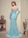 Modest Off-shoulder Ice-blue Long Sleeves Mermaid Long Lace Prom Dress, PD3571