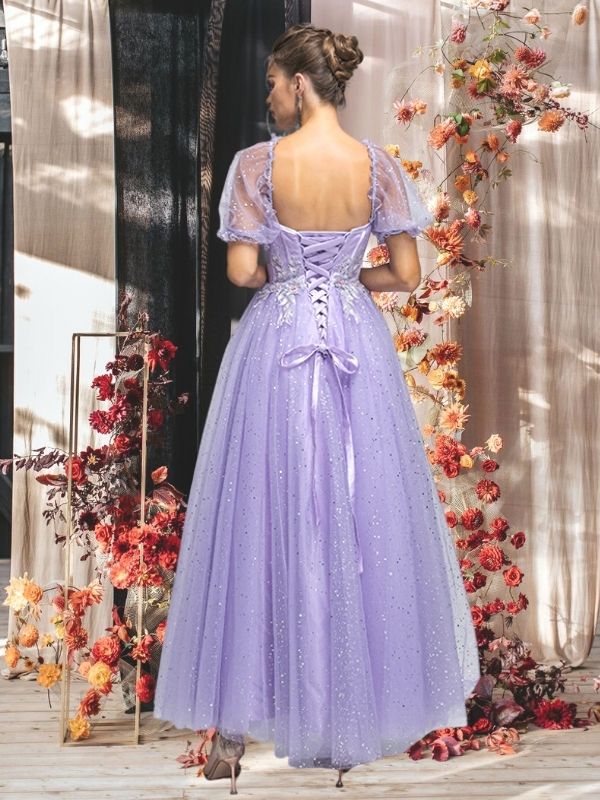 Lilac, Grey, Pink Off-shoulder Cute Lace Sparkly A-line Long Prom Dress, PD3572