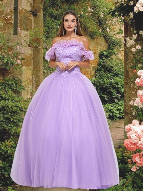 Cute Lilac Ruffle Off-shoulder Lace-up Back A-line Long Prom Dress, Ball Gown, PD3576
