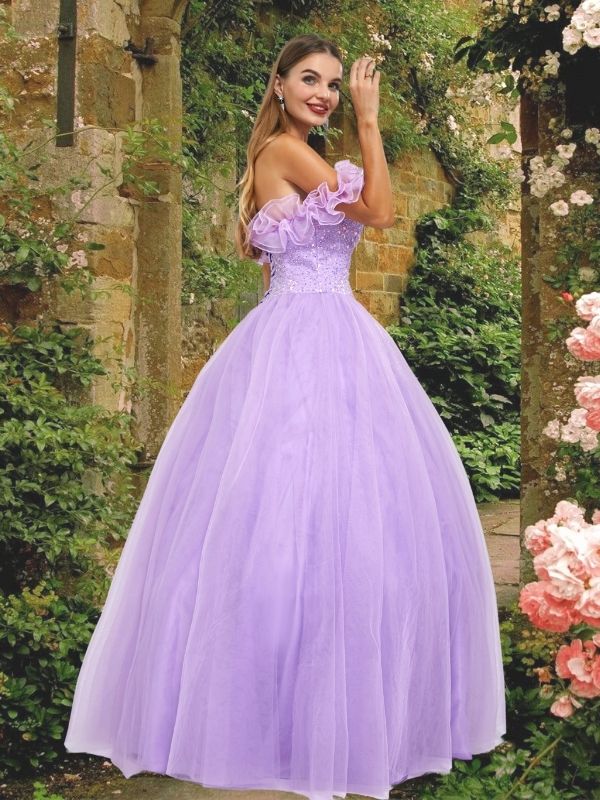 Cute Lilac Ruffle Off-shoulder Lace-up Back A-line Long Prom Dress, Ball Gown, PD3576