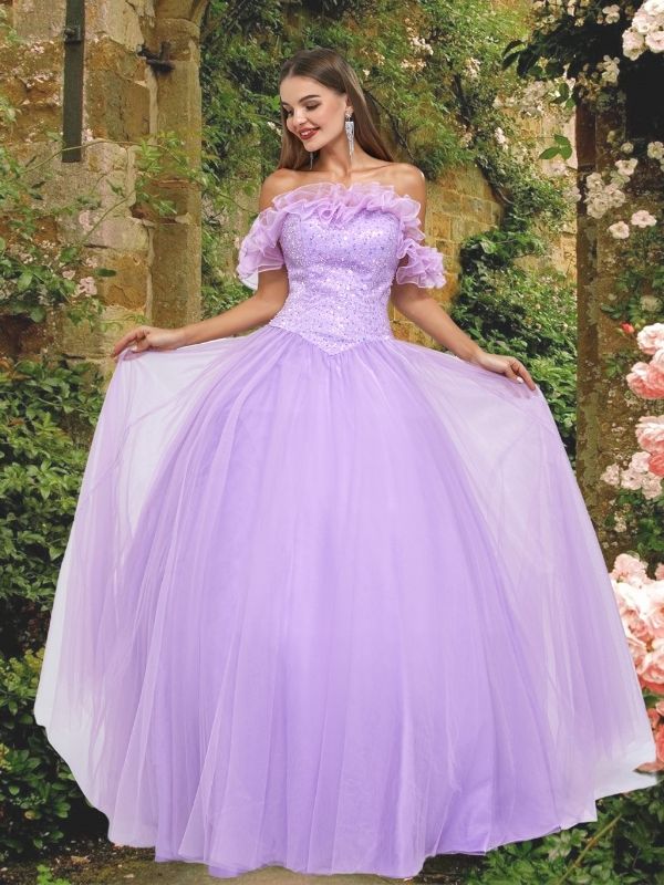 Cute Lilac Ruffle Off-shoulder Lace-up Back A-line Long Prom Dress, Ball Gown, PD3576