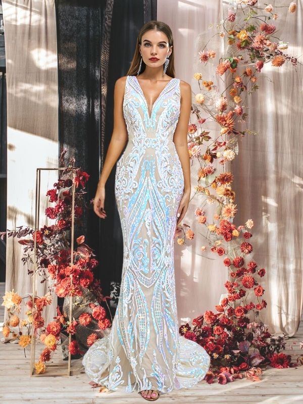 Silver V-neck Sexy Lace-up Back Mermaid Long Prom Dress, PD3577
