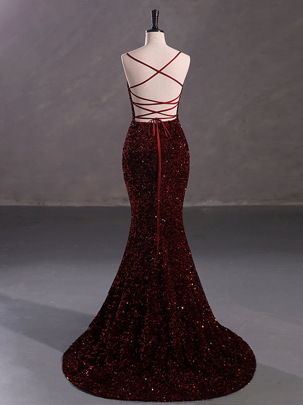 Sexy Sparkly White, Burgundy Spaghetti Straps Side-slit Backless Mermaid Long Prom Dress, PD3573