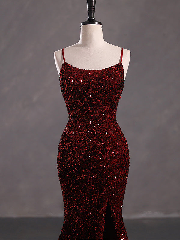 Sexy Sparkly White, Burgundy Spaghetti Straps Side-slit Backless Mermaid Long Prom Dress, PD3573