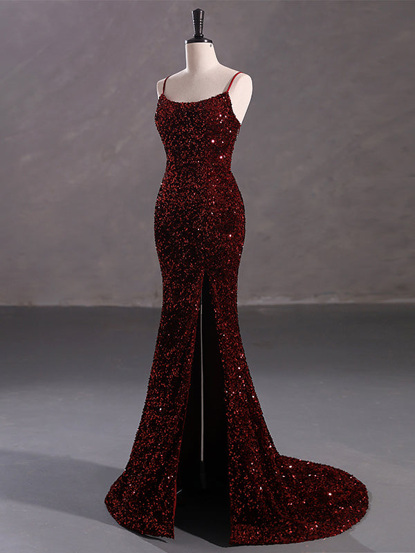 Sexy Sparkly White, Burgundy Spaghetti Straps Side-slit Backless Mermaid Long Prom Dress, PD3573