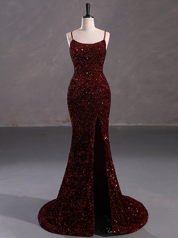 Sexy Sparkly White, Burgundy Spaghetti Straps Side-slit Backless Mermaid Long Prom Dress, PD3573