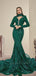 Luxurious Emerald High-neck Long Sleeves Sequin Lace Mermaid Long Prom Dress, PD3574