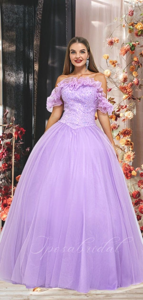 Cute Lilac Ruffle Off-shoulder Lace-up Back A-line Long Prom Dress, Ball Gown, PD3576