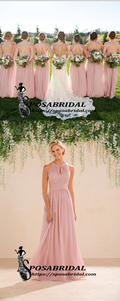 Princess Blush Pink Long Open Back Halt Cheao Chiffon Bridesmaid Dresses,WG343