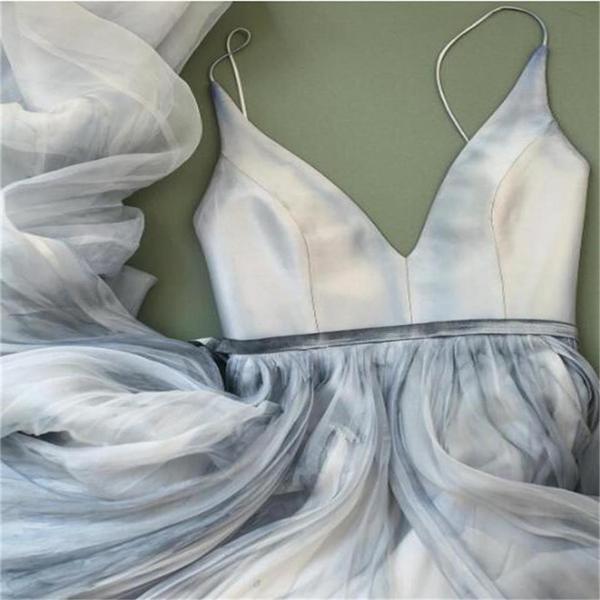 2019  A-line  Spaghetti Straps Simple V Neck Tulle Charming Cheap Pretty Long Party Prom Dresses ,PD0232 - SposaBridal