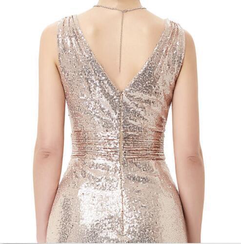 Long V-Neck Sequin Sparkly A-Line Red Black  Silver Bridesmaid Dresses , PD0299