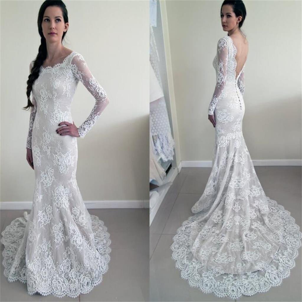 Long Sleeves Lace V-Back Elegant New Design Mermaid With Train Wedding Dresses,  WD0231