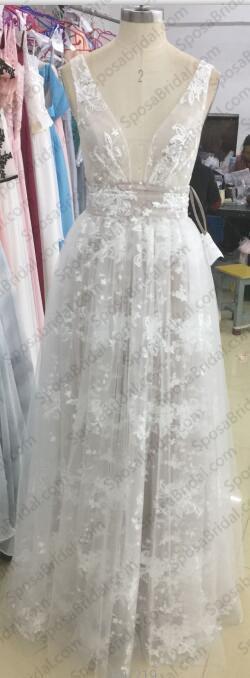 2019 A-Line Deep V-Neck Tulle Lace Appliques Floor-Length  Long Sexy Party Prom Dress-PD0281 - SposaBridal