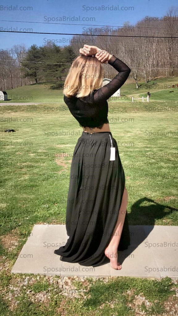 Black Long Sleeves Sexy Slit Two-piece Party Cheap A-line Prom Long Evening Party Prom Dress,PD0056 - SposaBridal