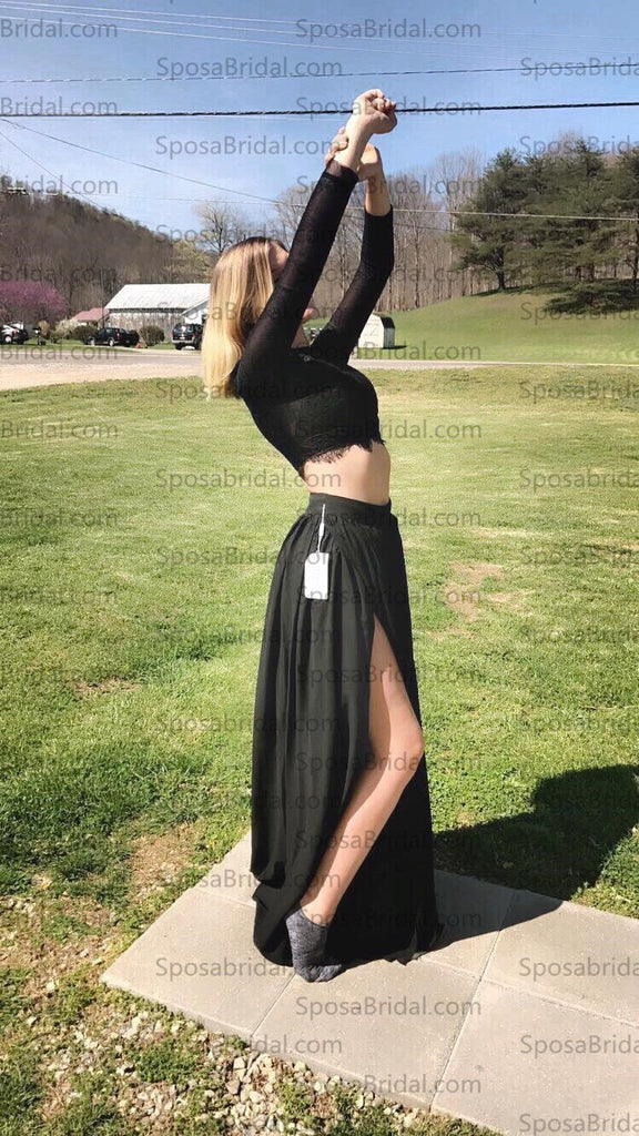Black Long Sleeves Sexy Slit Two-piece Party Cheap A-line Prom Long Evening Party Prom Dress,PD0056 - SposaBridal