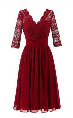 Cheap Short Chiffon Lace top Long Sleeves Custom Most Popular A-line V -Back Bridesmaid Dress , WG256 - SposaBridal