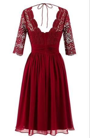Cheap Short Chiffon Lace top Long Sleeves Custom Most Popular A-line V -Back Bridesmaid Dress , WG256 - SposaBridal
