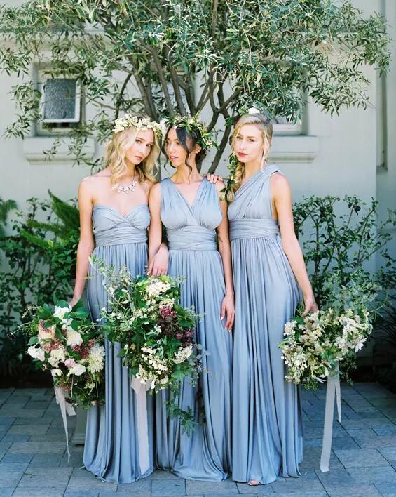 Convertible Simple Blue Jersey High Quality Custom Floor-Length Cheap Bridesmaid Dresses, WG80