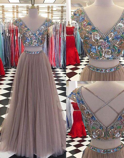 Sparkly Two Pieces Tulle V-neck Cap Sleeves Prom Dresses, Newest Fashion Dresses, PD0476