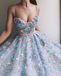 Spaghetti Strap 3D Flower Applique Sky Blue Prom Dresses Ball Gowns, PD0838