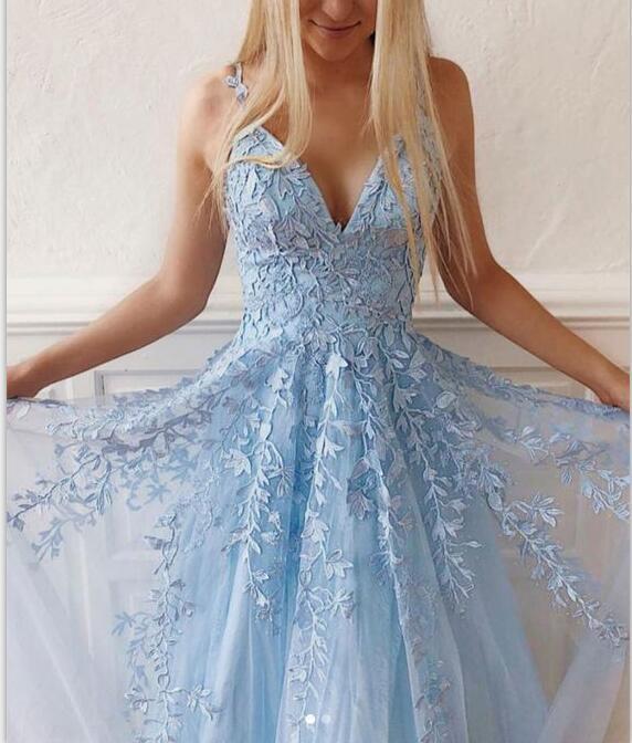 Charming A-line Modest V-neck Lace Appliques  Pretty Hot Spring Long Pom Dresses, Party Dress,, PD1282