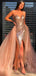 Sparkly Champagne Sequin Strapless V-neck Tulle Train Mermaid Long Prom Dress, PD2400