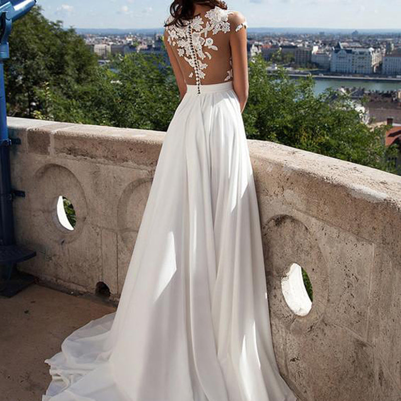 Sexy Boho Lace Top Side-slit Cheap A-line Long Beach Wedding Dress, PD0046