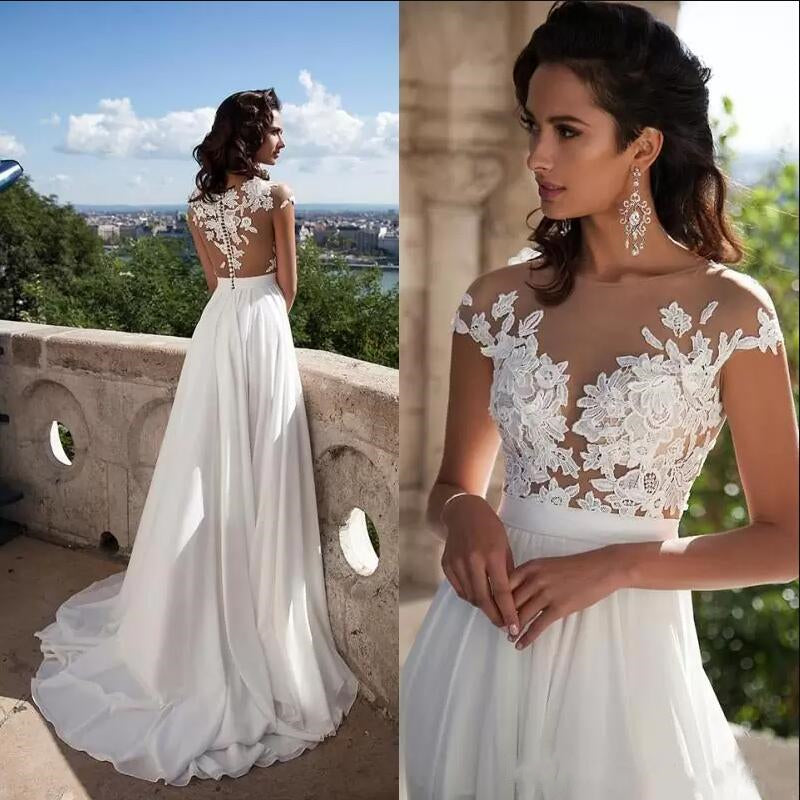 Sexy Boho Lace Top Side-slit Cheap A-line Long Beach Wedding Dress, PD0046