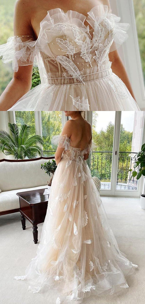 Sexy Light Champagne Off-shoulder Feather Lace-up Back A-line Prom Dress, PD0430