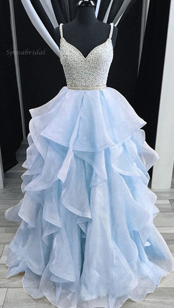 Sexy Pink and Blue, Champagne Sparkly Top Open Back Pretty A-line Prom Dresses, PD0654