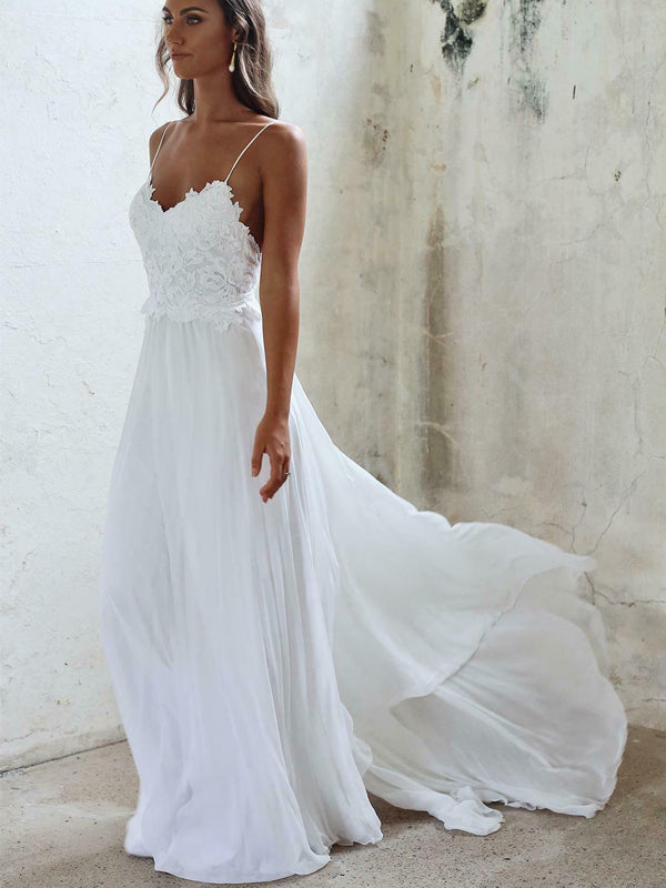 Sexy Spaghetti Strap Backless Lace Top A-line Cheap Beach Wedding Dresses, WD311