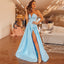 Sexy Strapless A-line Lavender Blue Side-slit V-neck Prom Dresses, PD2396