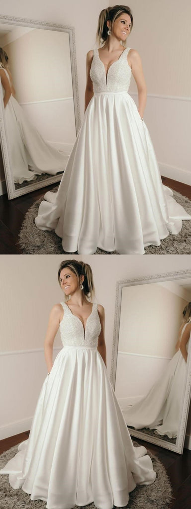 Sexy Backless V Neck A-line Custom Wedding Dresses Online, WD350