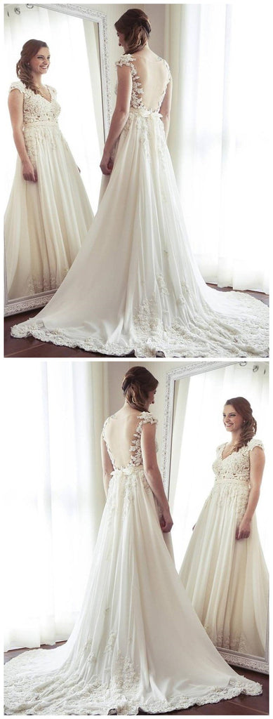 Sexy See Through Cap Sleeve A-line Chiffon Beach Wedding Dresses Online, WD352