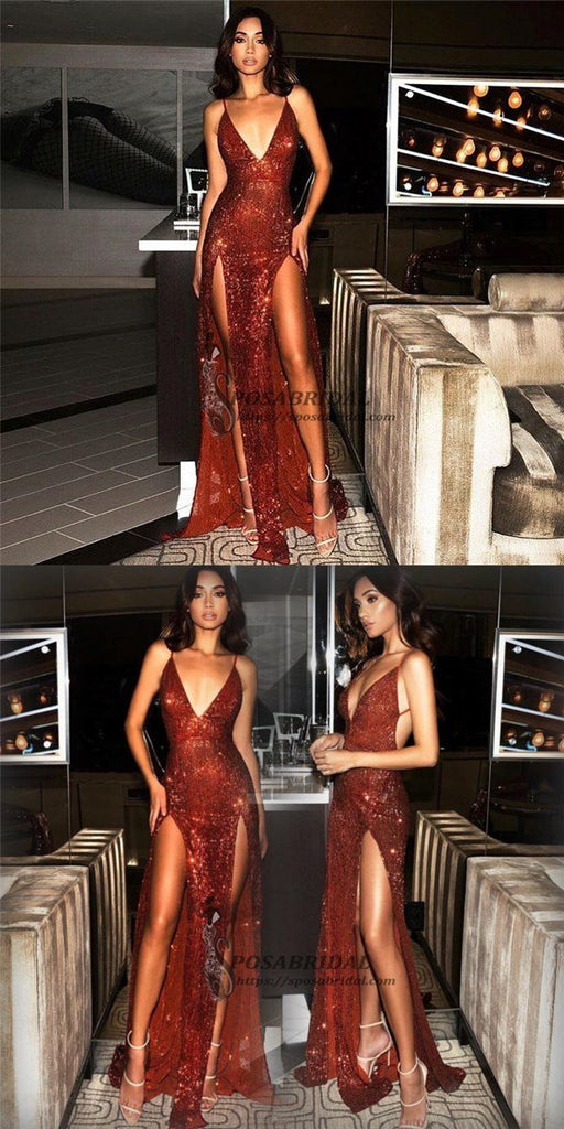 2019 Sexy Sequin Sparkly Red Split Mermaid Prom Dresses, Fashion Style, Spaghetti Straps prom dress, PD0713 - SposaBridal
