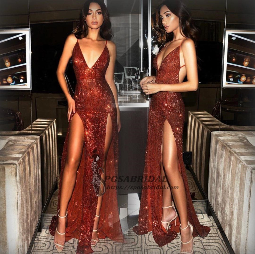 2019 Sexy Sequin Sparkly Red Split Mermaid Prom Dresses, Fashion Style, Spaghetti Straps prom dress, PD0713 - SposaBridal