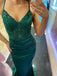 Sexy Emerald Green Spaghetti Srtaps V-neck Lace Top Long Mermaid Prom Dress, PD3449