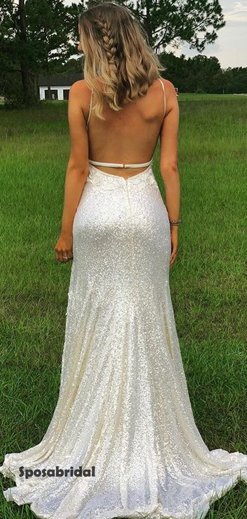Sexy Spaghetti Strap Side Slit Lace Sequins Wedding Dress, WD3003