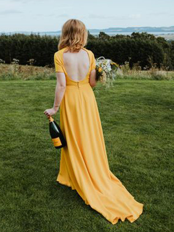Short Sleeves Yellow Backless Long Simple Elegant Bridesmaid Dresses, WD0461